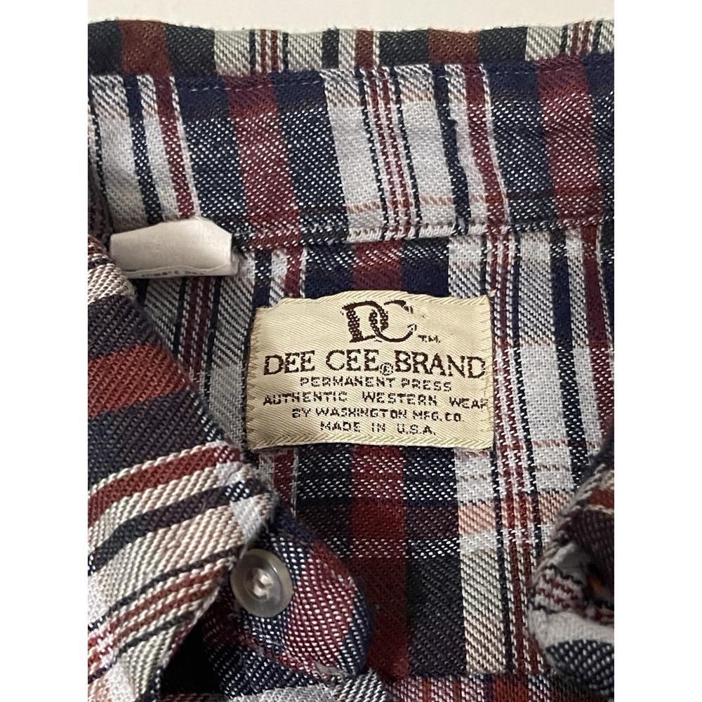 Dee Cee Vintage 80s Red Blue Plaid Pearl Snap Western Raw Hem Shirt 15 1/2 - 35 - Picture 2 of 8